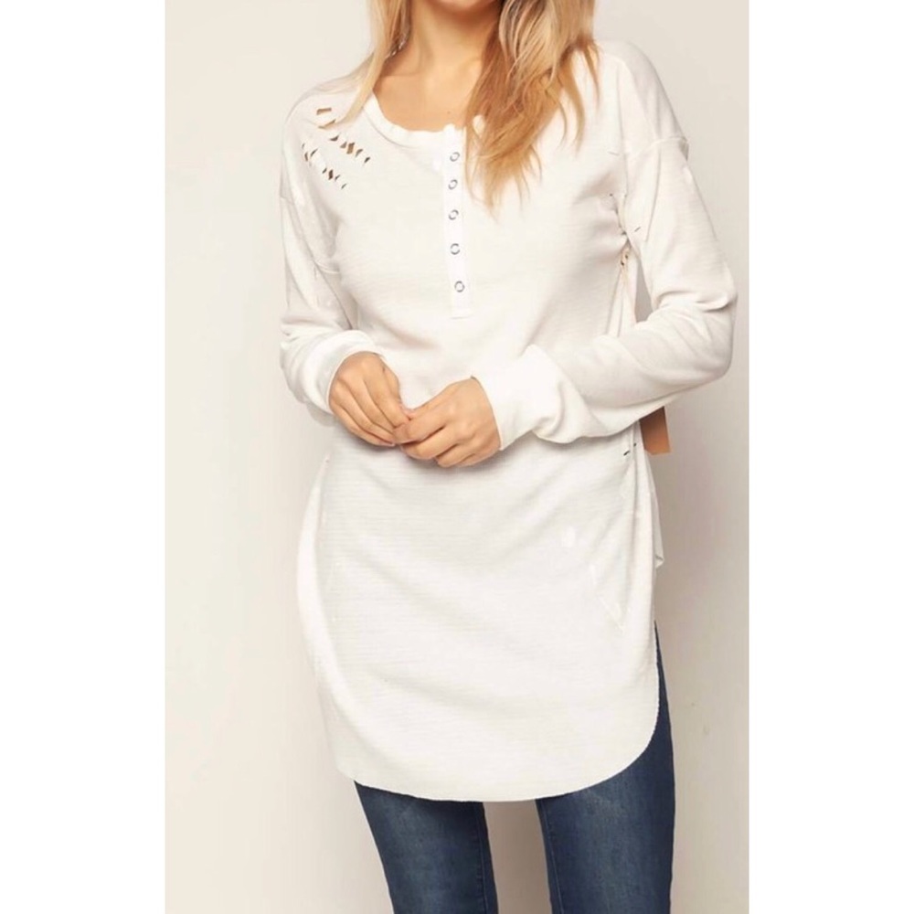 White Long Sleeve Distressed Top